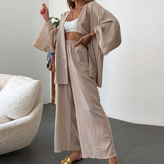 Women Fashion Casual Cotton Linen Cardigan Set