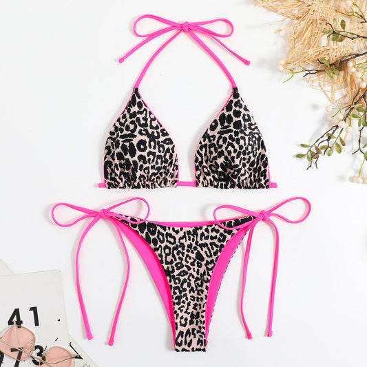 Traje de baño bikini sexy con cuello halter y estampado de leopardo para mujer