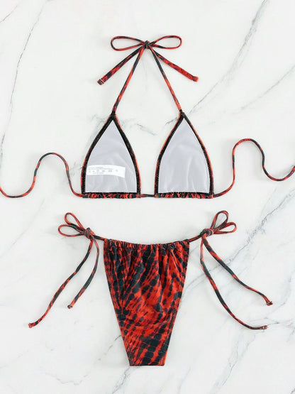 Women Sexy Retro Stripe Printed Halter-Neck Bikini Swimsuit
