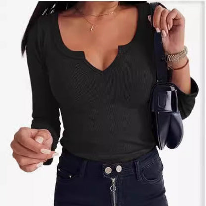 Camiseta informal de cuello en U profundo para mujer, color liso y lisa
