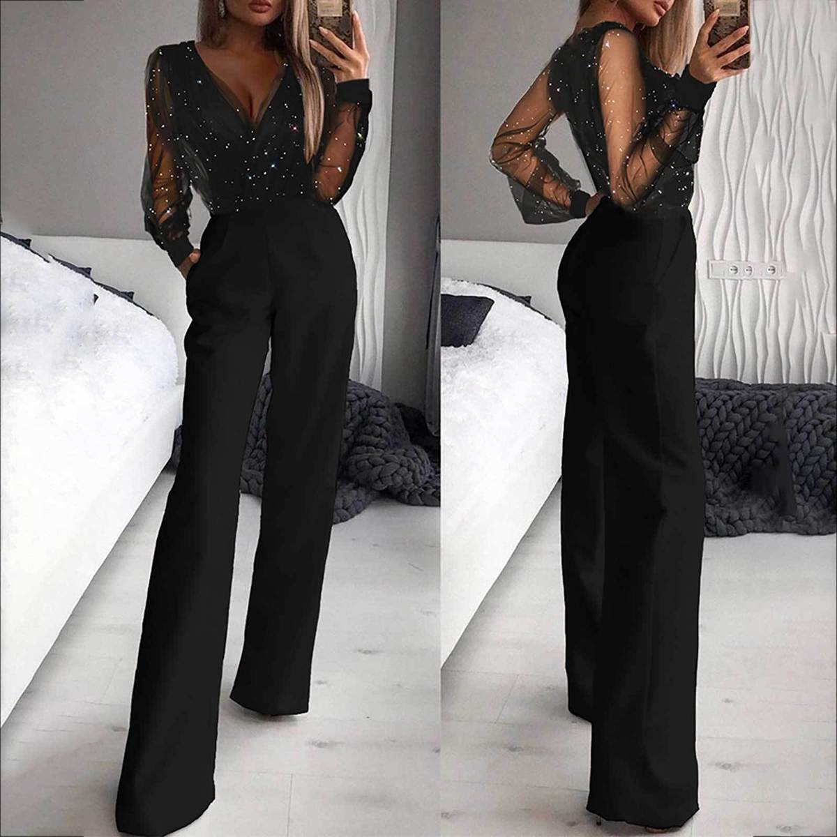 Women Fashion Sexy Mesh Stitching V-Neck Long-Sleeve Jumpsuits