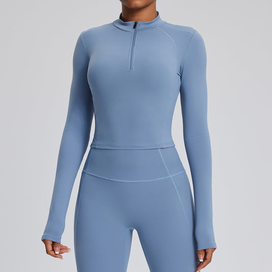 Top de yoga de manga larga de color liso para mujer, con cremallera y tejido de secado rápido