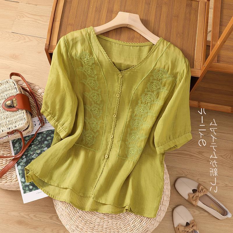 Top de manga corta con bordado de lino retro para mujer