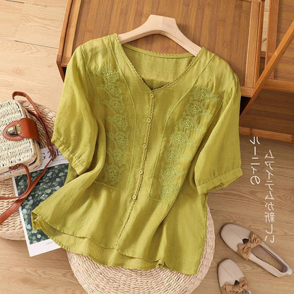 Top de manga corta con bordado de lino retro para mujer