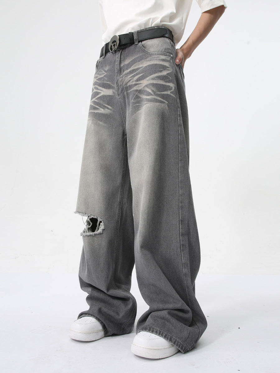 Men Vintage Washed Ripped Straight Leg Jeans