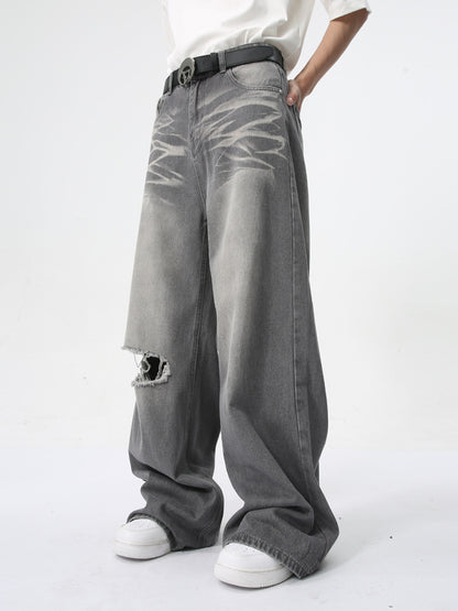 Men Vintage Washed Ripped Straight Leg Jeans