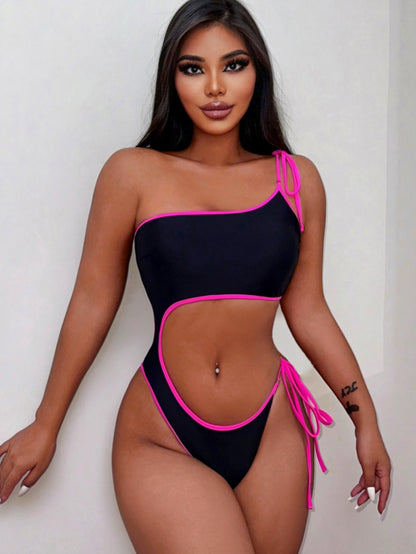 Traje de baño de una pieza negro sexy con tiras
