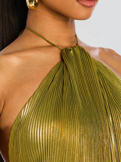 Women Elegant Solid Color Pleated Backless Dress