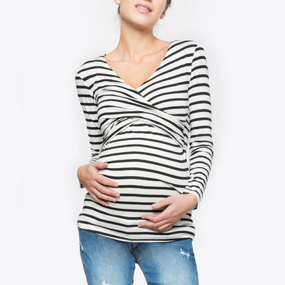 T-shirt décontracté à rayures et col en V pour femme enceinte