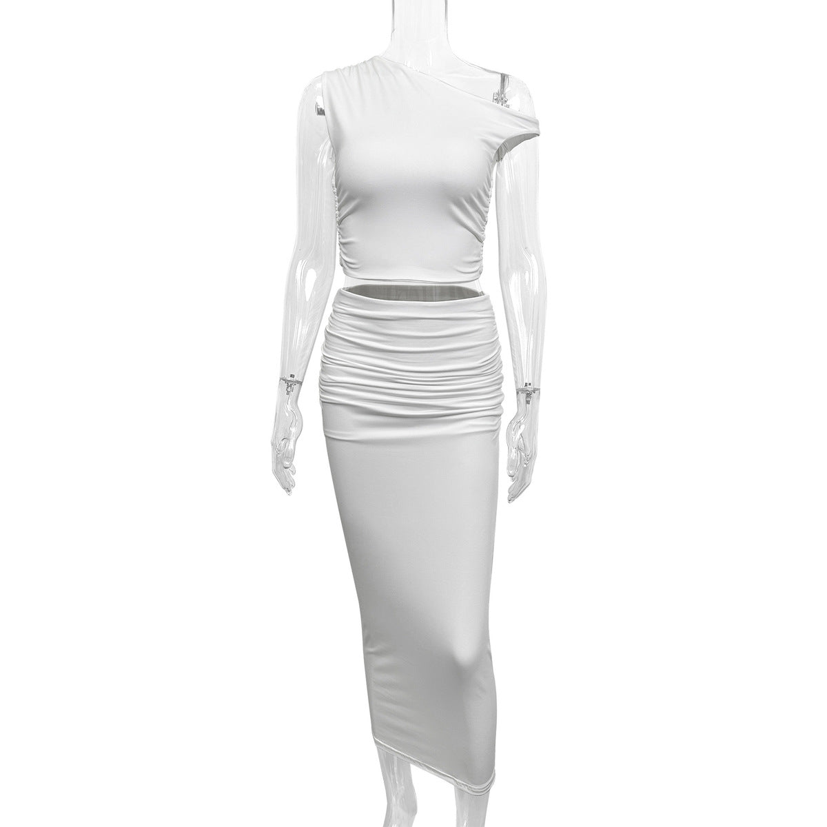 Women Fashion Solid Color Shoulder Top And Skirt Two-Piece Set