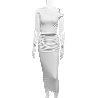 Women Fashion Solid Color Shoulder Top And Skirt Two-Piece Set