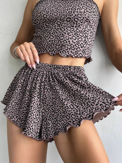 Women Stylish Printed Edge Curl Tank Top and Loose Shorts Pajama Set