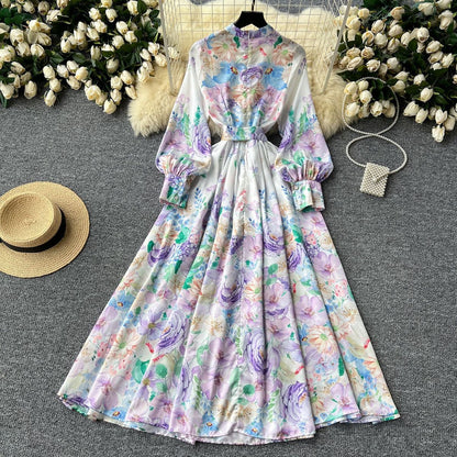 Vestido elegante con estampado floral y farol para mujer