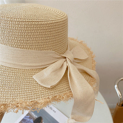 Sombrero de paja para el sol con parte superior plana y lazo para vacaciones en la playa