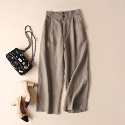 Women Fashion Casual Solid Color Linen Loose Cropped Pants