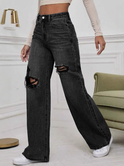 Women Casual Ripped Mid-Waist Wide Leg Jeans