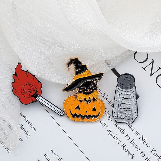 Broche en métal unisexe Halloween en forme de crâne de chat et de citrouille