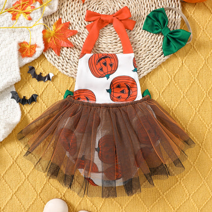 Kids Baby Girls Halloween Pumpkin Mesh Sleeveless Romper