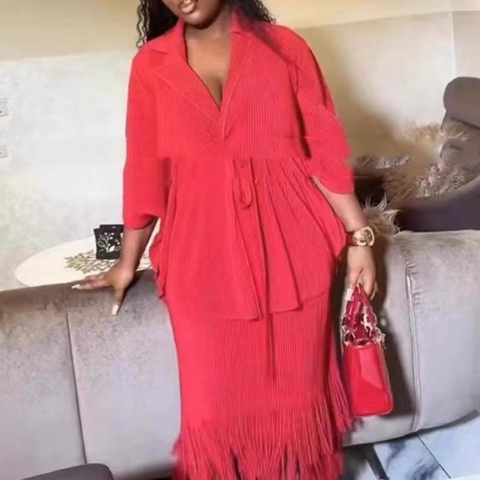 African Women Lapel V-Neck Long Sleeve Cardigan Set