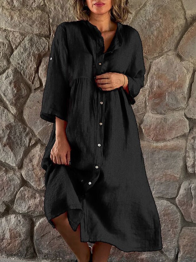 Robe chemise boutonnée décontractée en coton et lin pour femme, couleur unie