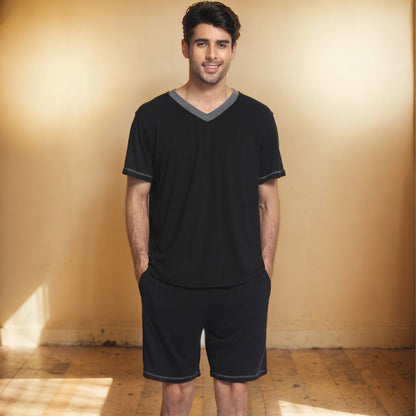 Conjunto de camiseta y pantalones cortos con cuello en V y contraste de color para hombre