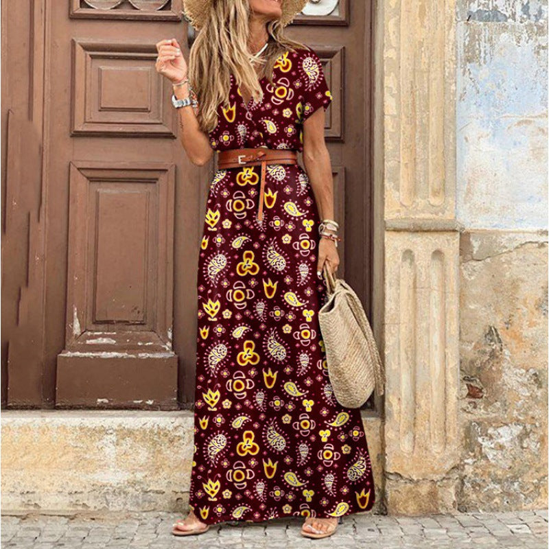 Women Fashion Bohemian V-Neck Tiny Flower Print Short Sleeve Maxi Dress