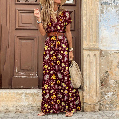 Women Fashion Bohemian V-Neck Tiny Flower Print Short Sleeve Maxi Dress