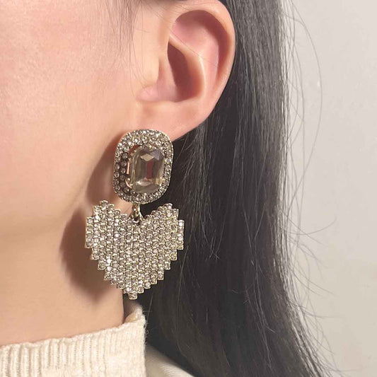 Women Fashion Geometric Love Rhinestone Earrings