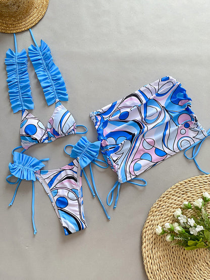 Conjunto de tres piezas para mujer, traje de baño con volantes para vacaciones de verano