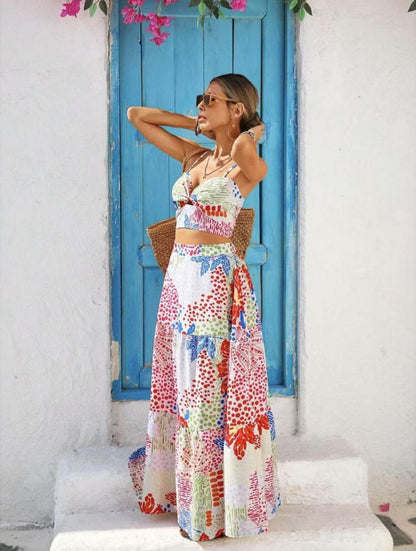 Women Fashion Sexy Printed Camisole and Loose Skirt Two-Piece Set