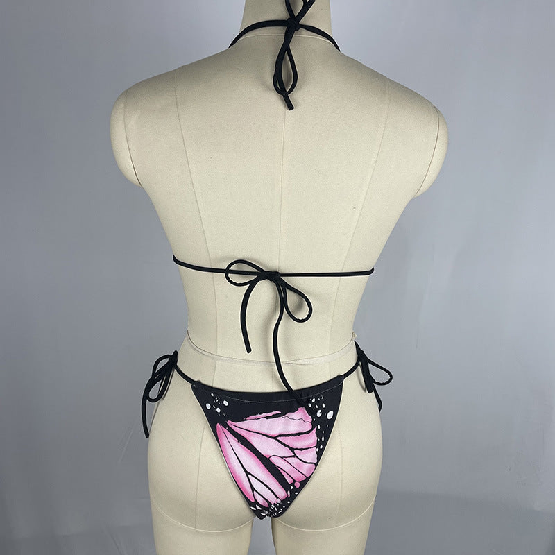Bikini sexy con cuello halter y estampado de mariposas para mujer