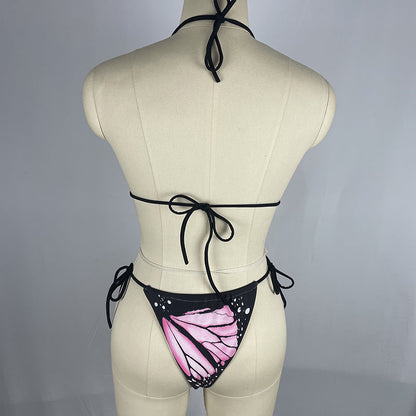 Bikini sexy con cuello halter y estampado de mariposas para mujer