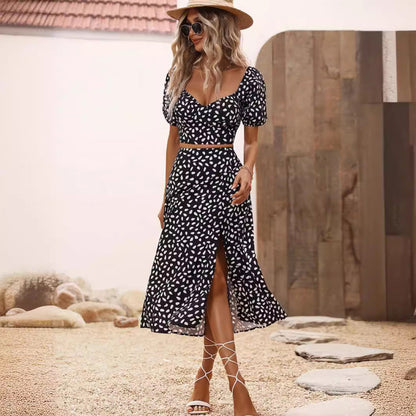 Ensemble haut court et jupe à col en V pour femme, idéal pour les vacances d'été