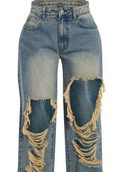 Women Fashion Low Waist Ripped Straight Jeans
