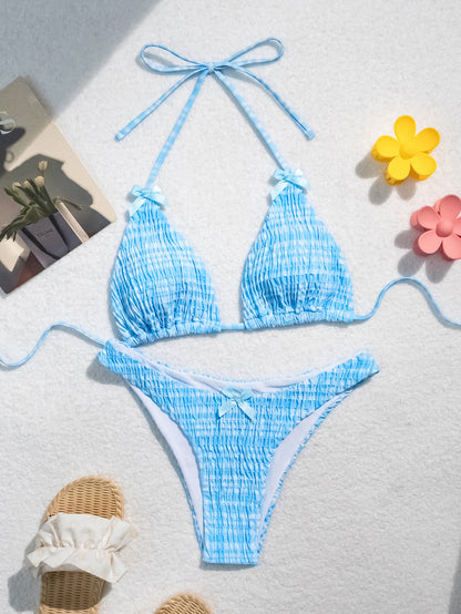 Bikini sexy plisado con lazo para mujer - Cuadrícula azul