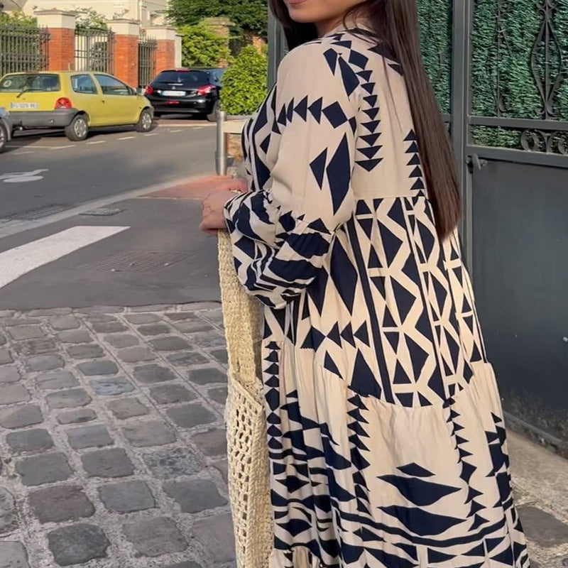 Robe chemise longue décontractée style bohème à imprimé géométrique et col en V pour femme