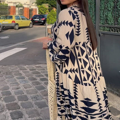 Robe chemise longue décontractée style bohème à imprimé géométrique et col en V pour femme