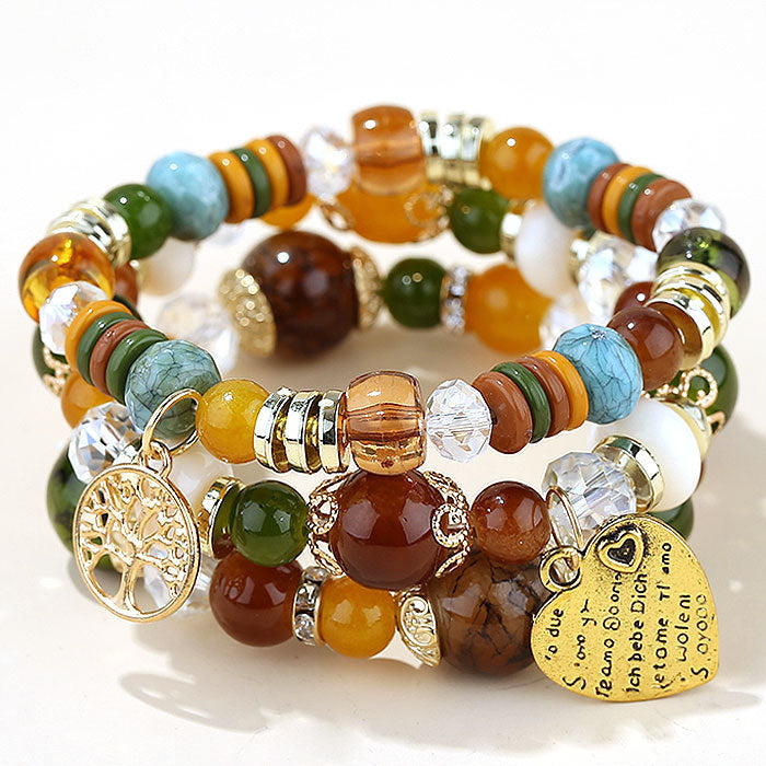 Conjunto de pulseras de cuentas con dijes de árbol y corazón bohemio