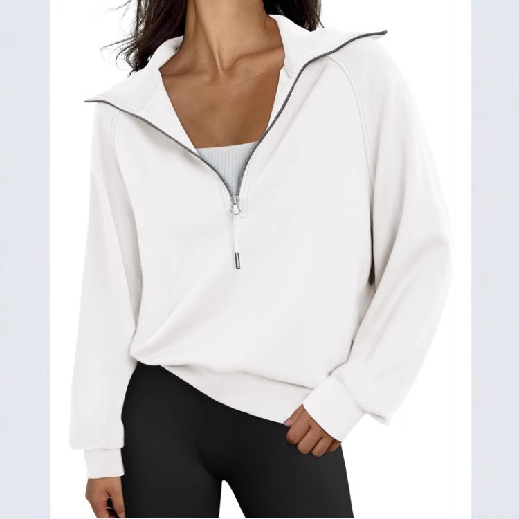 Women Half Zipper Fleece-Lined Solid Color Sweatshirt