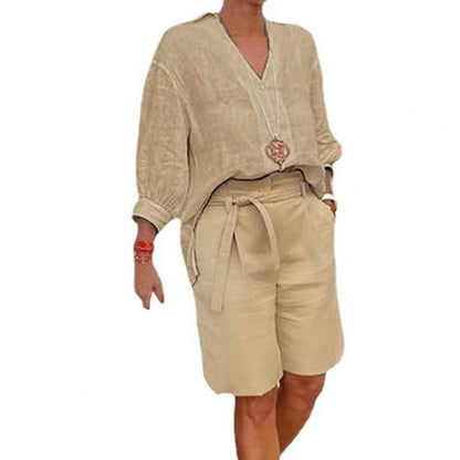 Ensemble haut ample décontracté en coton et lin à col en V pour femme