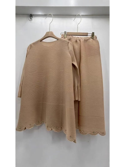 African Women Pleated Solid Color Beaded Casual Set