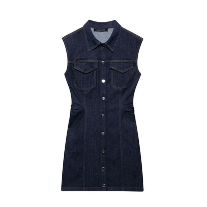 Vestido mini plisado de mezclilla sin mangas para mujer