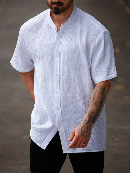 Camisa informal de algodón de manga corta con cuello alto para hombre