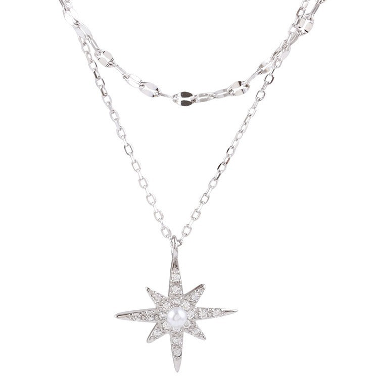 Collar de doble capa con estrella y luna de diamantes de imitación para mujer