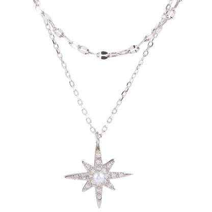 Collar de doble capa con estrella y luna de diamantes de imitación para mujer