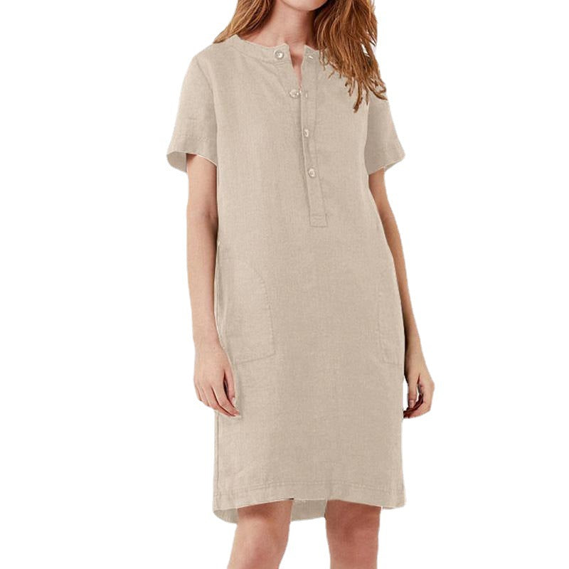 Vestido informal holgado de manga corta de algodón y lino