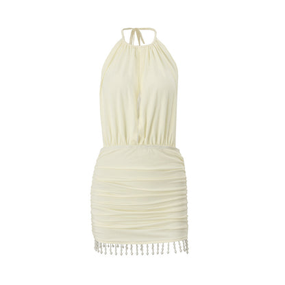 Women Fashion Sexy Solid Color Pleated Backless Tassels Dress
