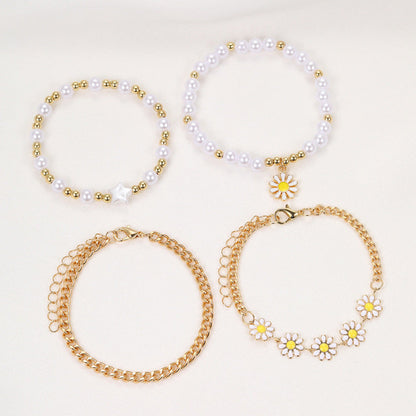 Conjunto de pulseras de margaritas y perlas bohemias para mujer