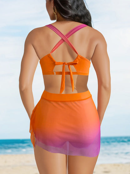 Traje de baño de tres piezas con degradado de moda para mujer
