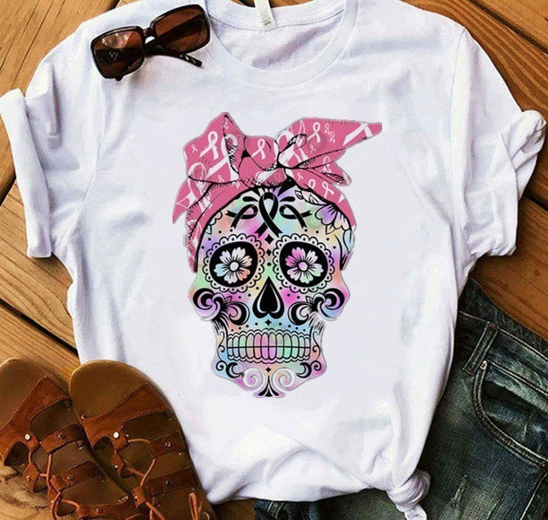 Camiseta de manga corta con estampado de calavera de Halloween para mujer